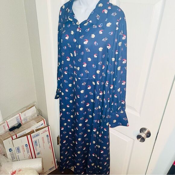 Modcloth Romantic Era Button Front Midi Dress Santa Cat Print Christmas Navy XL - Picture 7 of 13